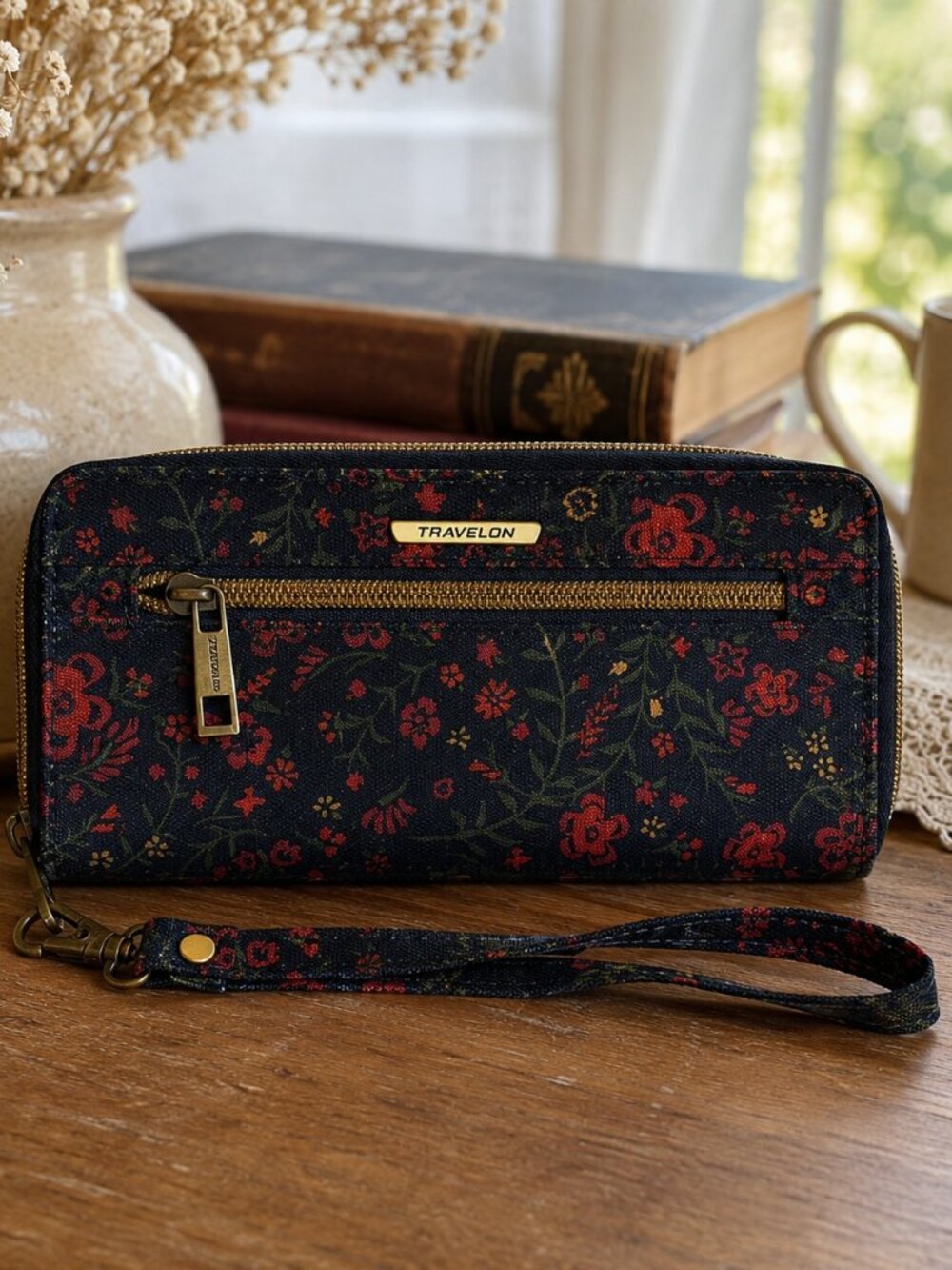Travelon Floral Zip Around Wallet Wristlet Navy Red Green